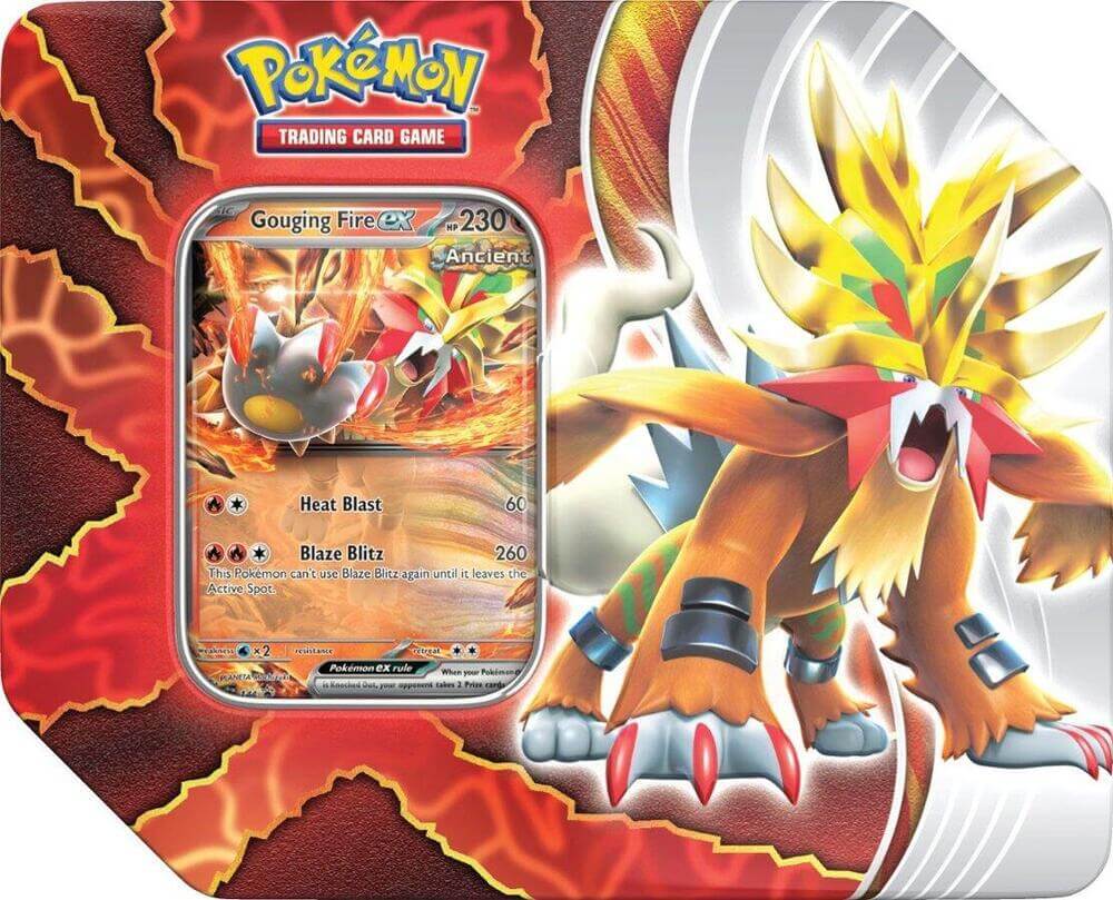 Pokémon Paradox Destinies Gouging Fire Ex Tin featuring Ancient Pokémon and card artwork.