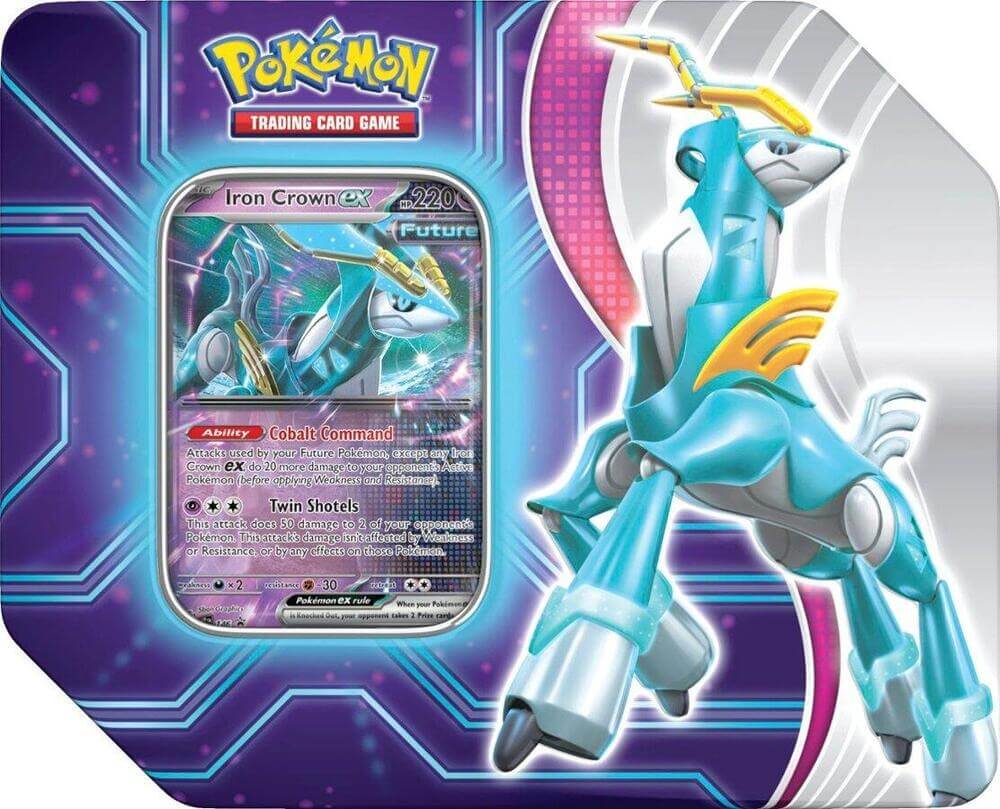 Pokémon Paradox Destinies Iron Crown Ex Tin featuring Iron Crown ex card and futuristic artwork.