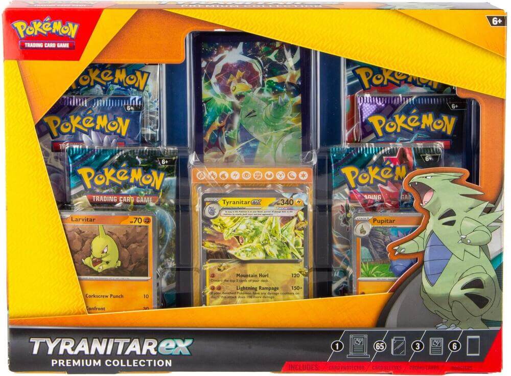 Pokémon Tyranitar Ex Box Premium Collection featuring Tyranitar ex cards and packs of Larvitar and Pupitar.