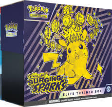 Pokémon Scarlet & Violet Surging Sparks Elite Trainer Box featuring vibrant design and Pikachu graphics.