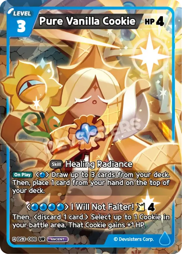 Pure Vanilla Cookie (BS3-088) UR – Heroes of Balance | Cookie Run TCG Ultra Rare Card with Healing Radiance skill.