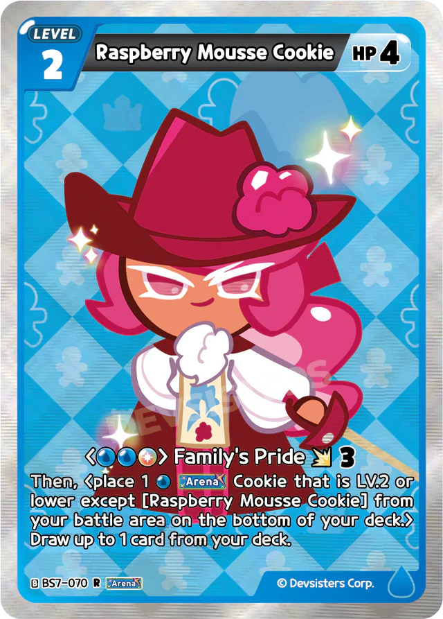 Raspberry Mousse Cookie BS7-070 R | Rare Card featuring character art and game stats in vibrant colors.