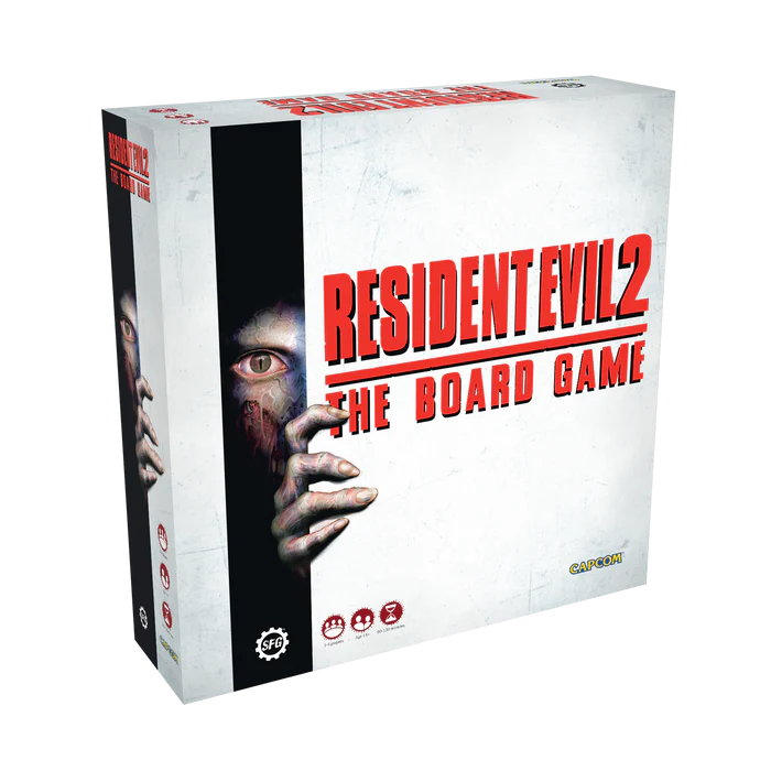 Resident Evil 2: The Board Game box featuring Leon and Claire in a survival horror setting from the Capcom classic