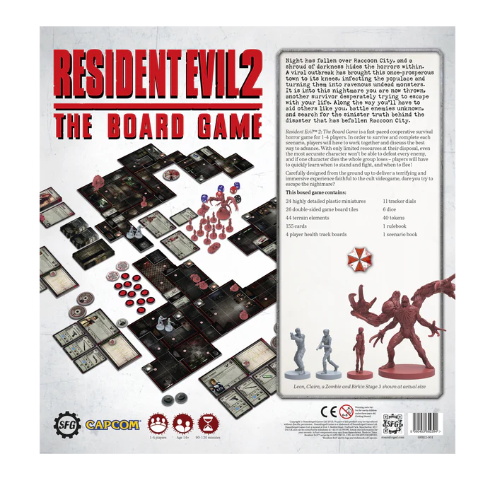 Resident Evil 2 board game setup showing modular map, zombie miniatures, character dashboards, and encounter cards