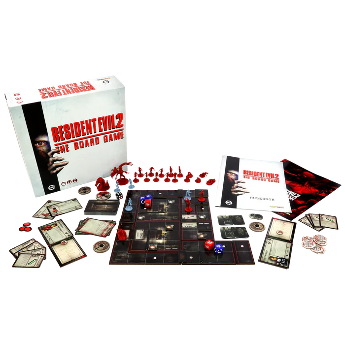 Unboxed contents of Resident Evil 2 board game showing miniatures, map tiles, cards, tokens, and rulebook