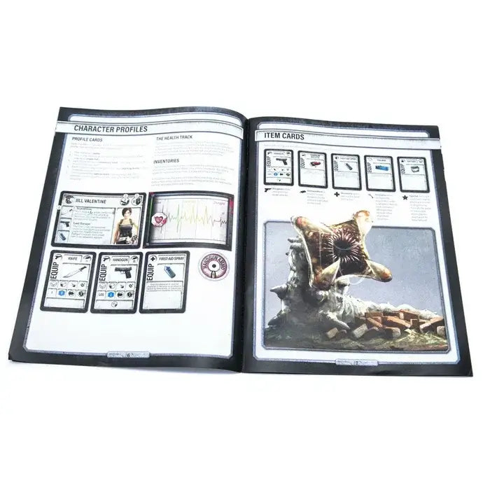 Resident Evil 3: The Board Game | 1–4 Player Campaign Horror Game by Steamforged character profiles and item cards open in the game guide.