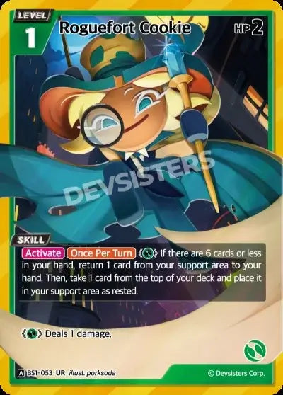 Roguefort Cookie (BS1-053) UR – Brave Sweet | Cookie Run TCG Ultra Rare Card showcasing abilities and stunning design.