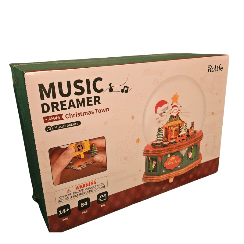Rolife DIY Snow Globe Music Dreamer Christmas Town Edition with Santa Scene and Music Spheres packaging view.
