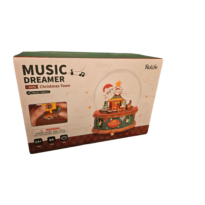 Rolife DIY Snow Globe Music Dreamer Christmas Town Edition with Santa Scene and Music Spheres packaging display.