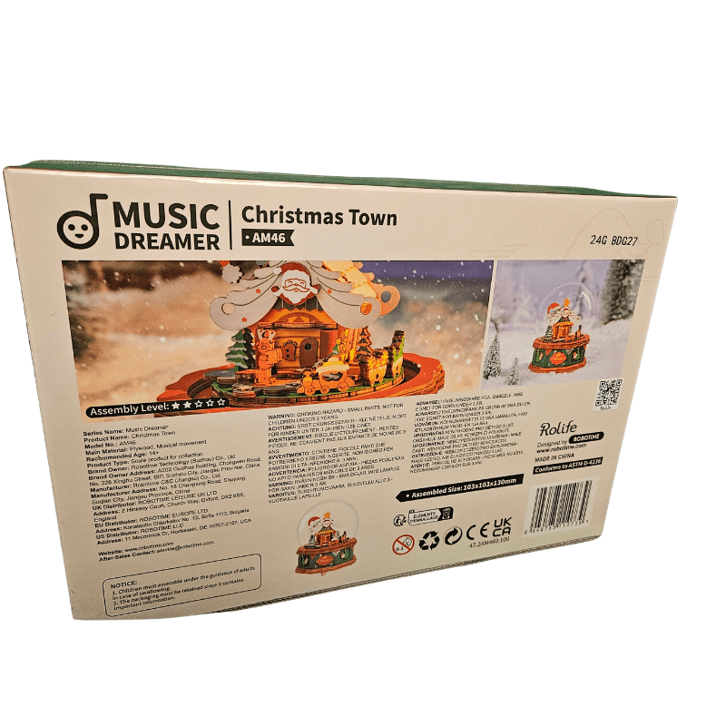 Rolife DIY Snow Globe Music Dreamer Christmas Town Edition with Santa Scene and Music Spheres back of box design