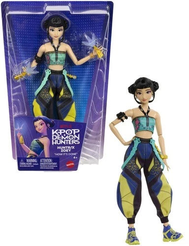 KPop Demon Hunters fashion dolls featuring Zoey in stylish performance outfit with packaging.