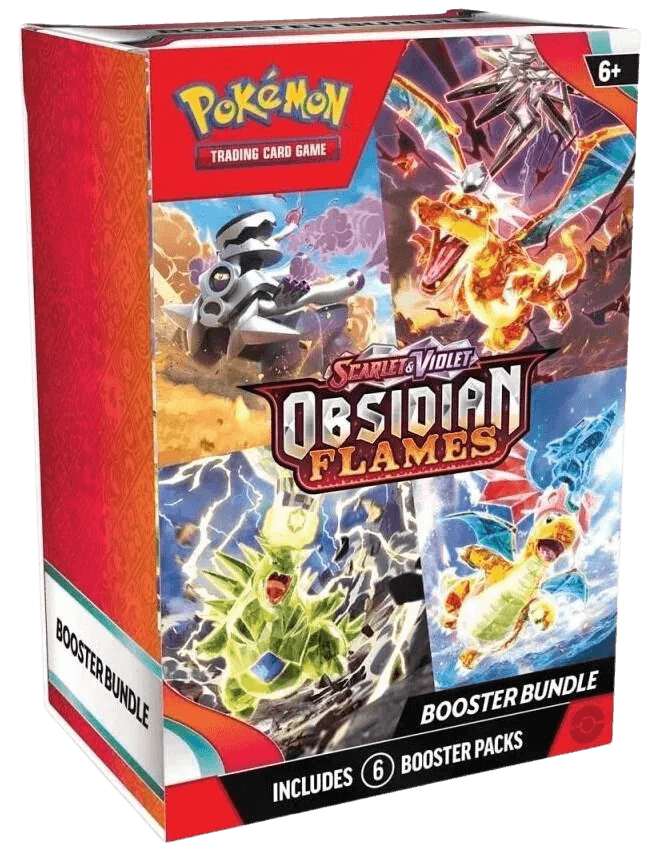 Scarlet & Violet: Obsidian Flames - Booster Bundle featuring 6 booster packs and vibrant Pokémon artwork.