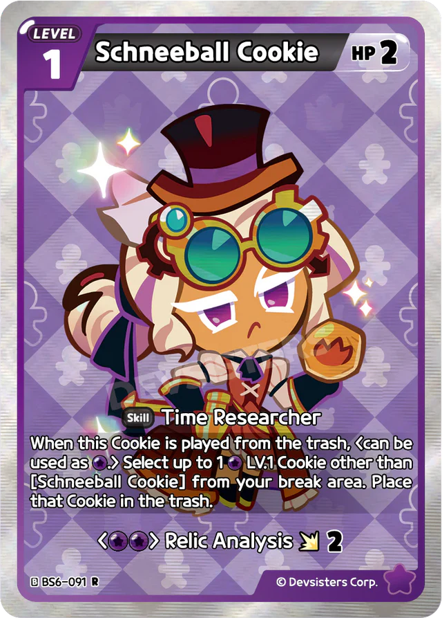 Schneeball Cookie BS6-091 R | Rare Card featuring Time Researcher skill and Relic Analysis details.