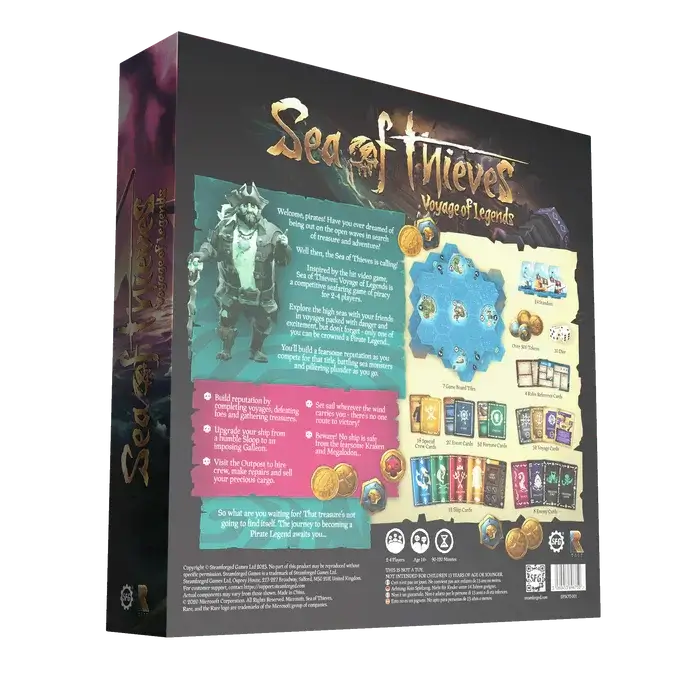 Sea of Thieves: Voyage of Legends – Board Game | 2–4 Player Pirate Adventure by Steamforged Games game box back view.