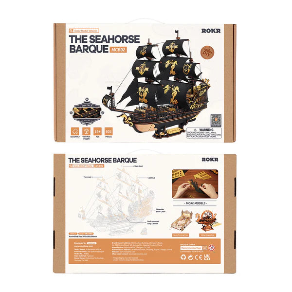 The Seahorse Barque Model Ship – 3D Wooden Puzzle by ROKR/Robotime DIY Mechanical Ship Kit packaging front and back view.