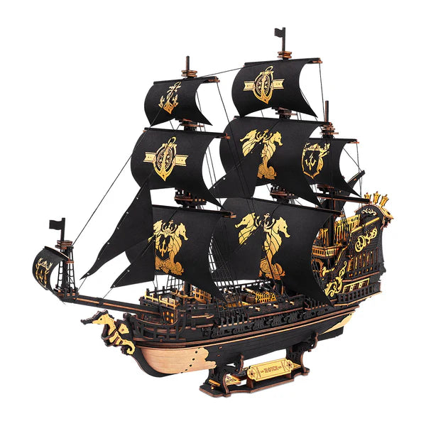The Seahorse Barque Model Ship – 3D Wooden Puzzle by ROKR/Robotime | DIY Mechanical Ship Kit displayed in detailed design.