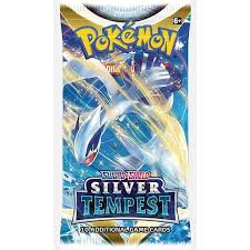Pokémon Sword & Shield Silver Tempest Booster Pack featuring a sealed pack with vibrant artwork and game logo.