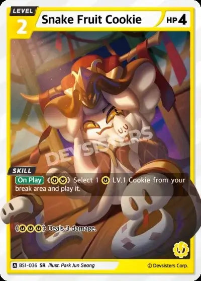 Snake Fruit Cookie (BS1-036) – Brave Sweet | Cookie Run TCG Rare Card featuring vibrant artwork and skills.