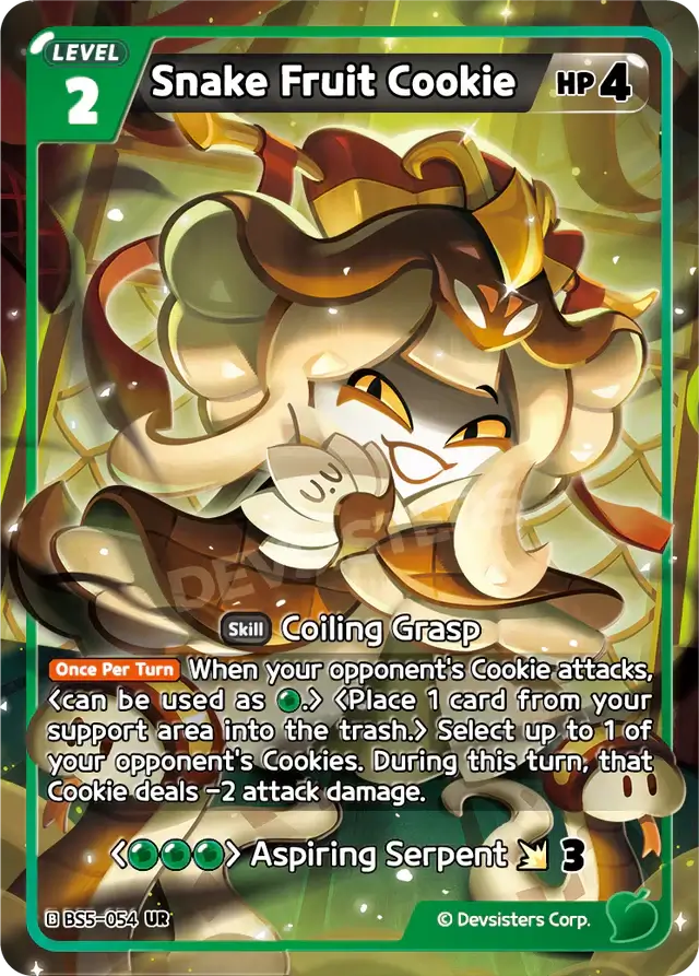 Snake Fruit Cookie BS5-054 UR | Ultra Rare Card featuring Coiling Grasp skill and Aspiring Serpent attribute.