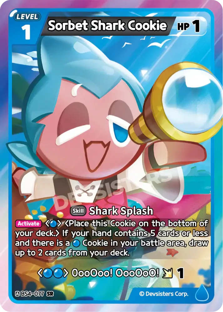 Sorbet Shark Cookie (BS4-077) SR – Brave Sweet | Cookie Run TCG Super Rare Card showcasing Shark Splash skill.