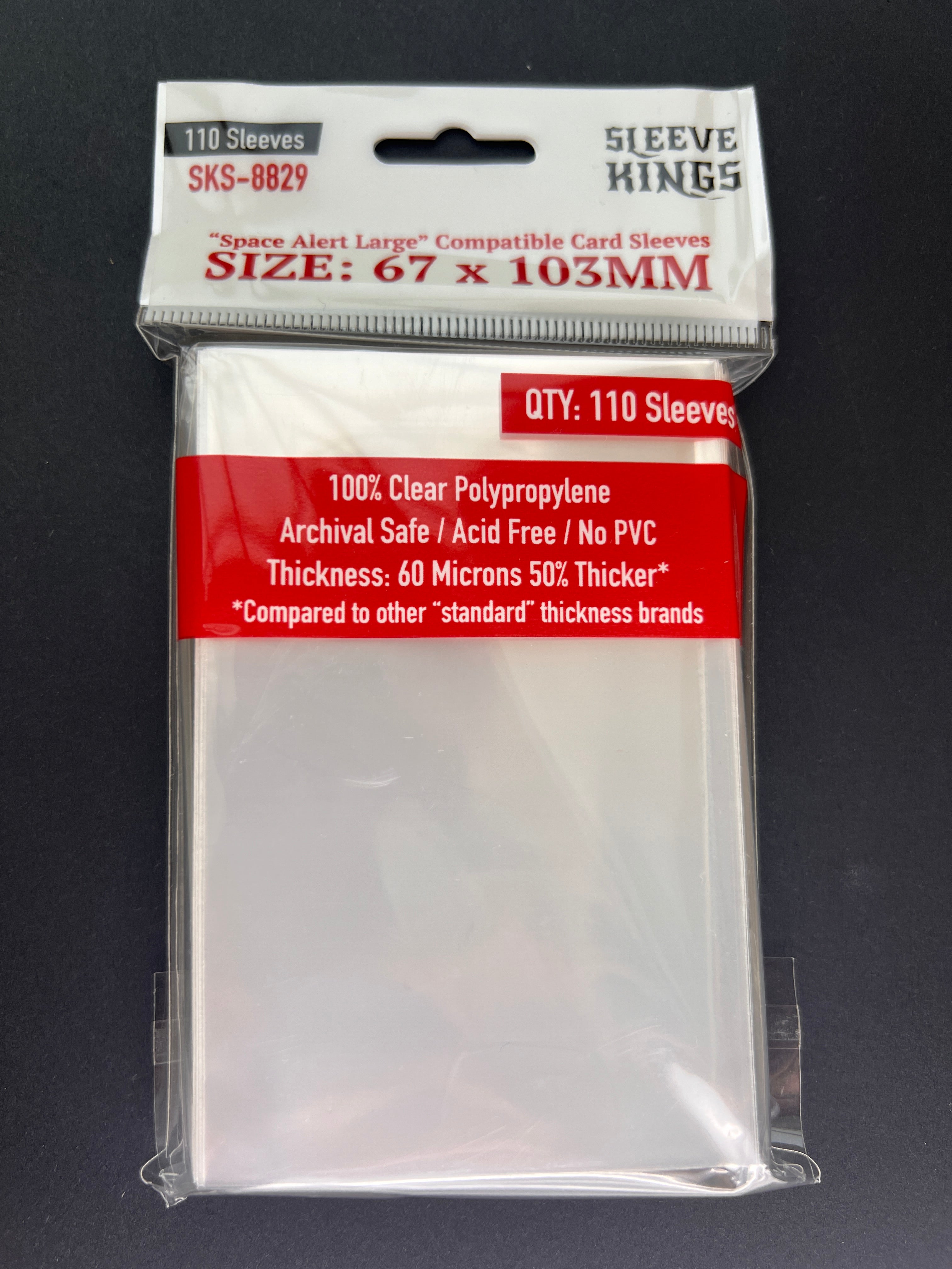 "Space Alert" Compatible Large Card Sleeves (67x103mm) 110 Pack, 60 Micron, SKS-8829 packaging with thickness information.