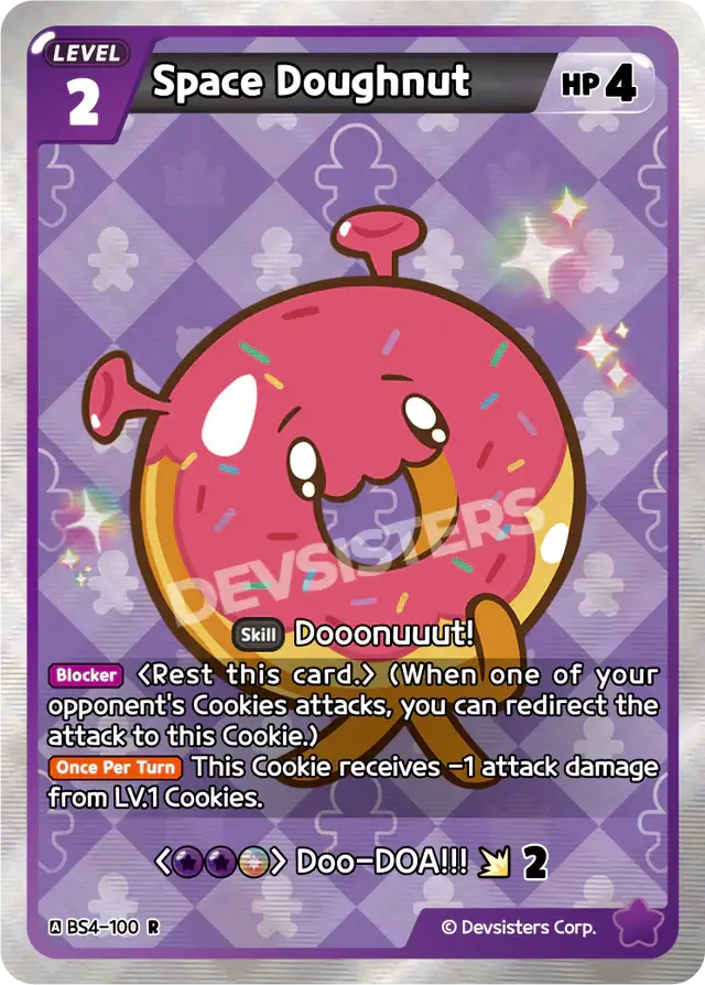 Space Doughnut BS4-100 | Rare Card featuring a colorful design and game stats.