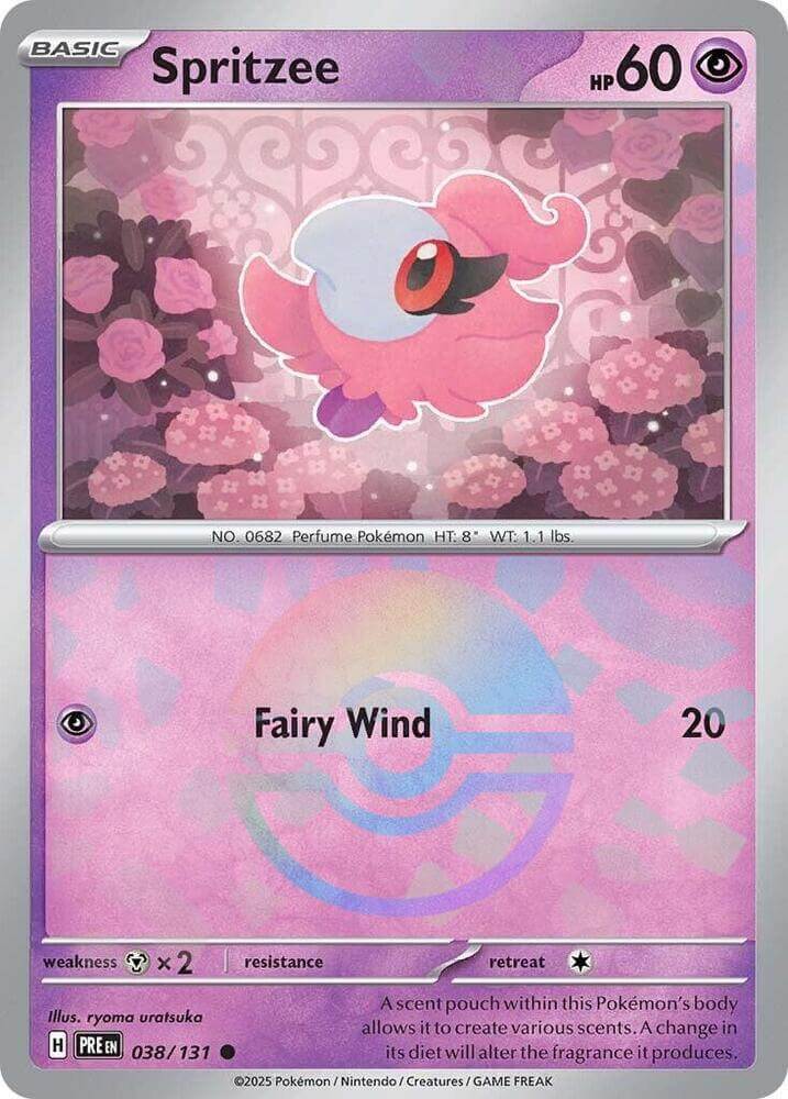 Spritzee 038 131 Poke Ball Pattern Prismatic Evolutions card featuring a pink Spritzee with a floral design.