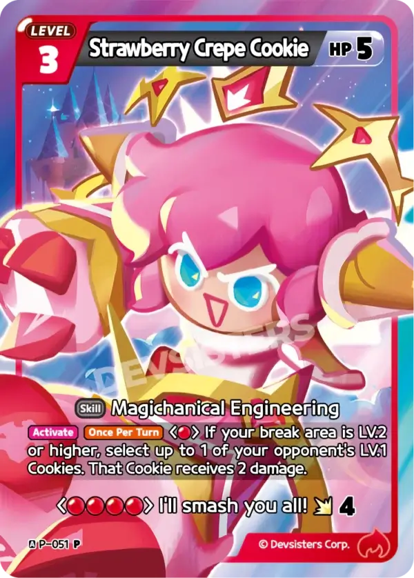 Strawberry Crepe Cookie P-051 | Promo Card featuring a playful character with a magical theme.