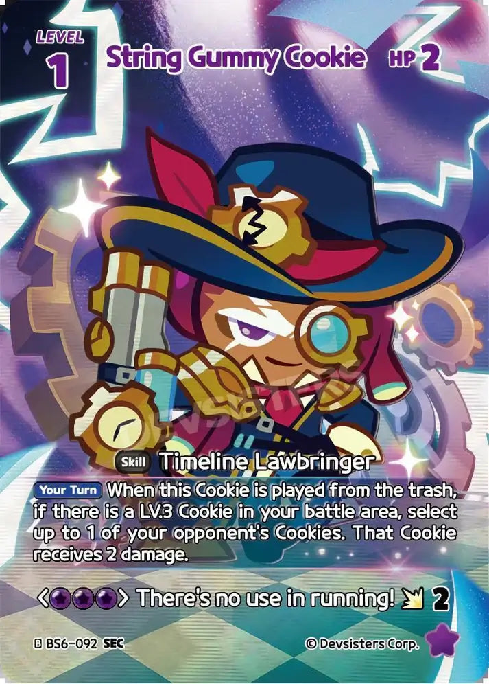 String Gummy Cookie BS6-092 SEC | Secret Rare Card featuring a purple Cookie with HP 2 and unique abilities in the CookieRun: Braverse TCG.