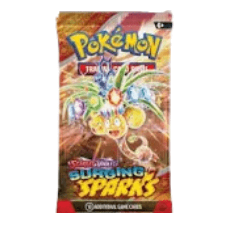 Pokémon Scarlet & Violet Surging Sparks Booster Pack packaging with colorful designs and characters.