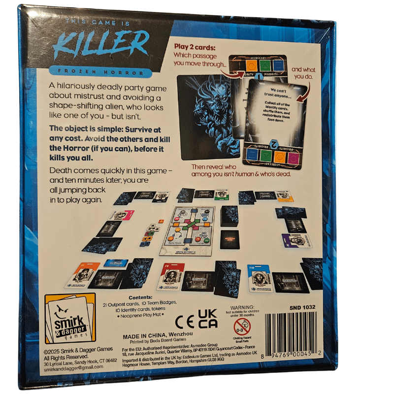 This Game Is Killer: Frozen Horror game back cover showcasing gameplay and components for party fun.