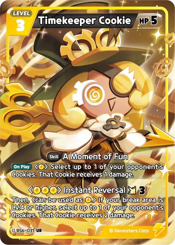 Timekeeper Cookie BS6-031 UR | Ultra Rare Card featuring vibrant art and game details on a golden background.