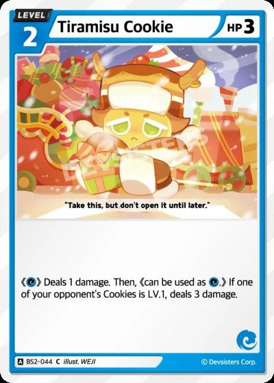 Tiramisu Cookie BS2-044 C | Common Card featuring an illustrated dessert character with gameplay instructions.