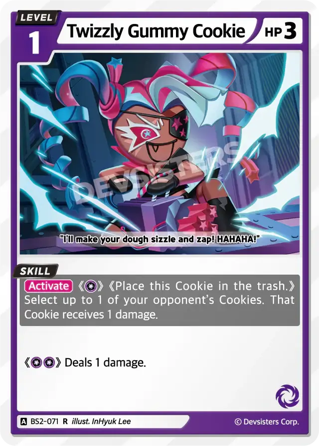Twizzly Gummy Cookie BS2-071 R card featuring its skills and character design.