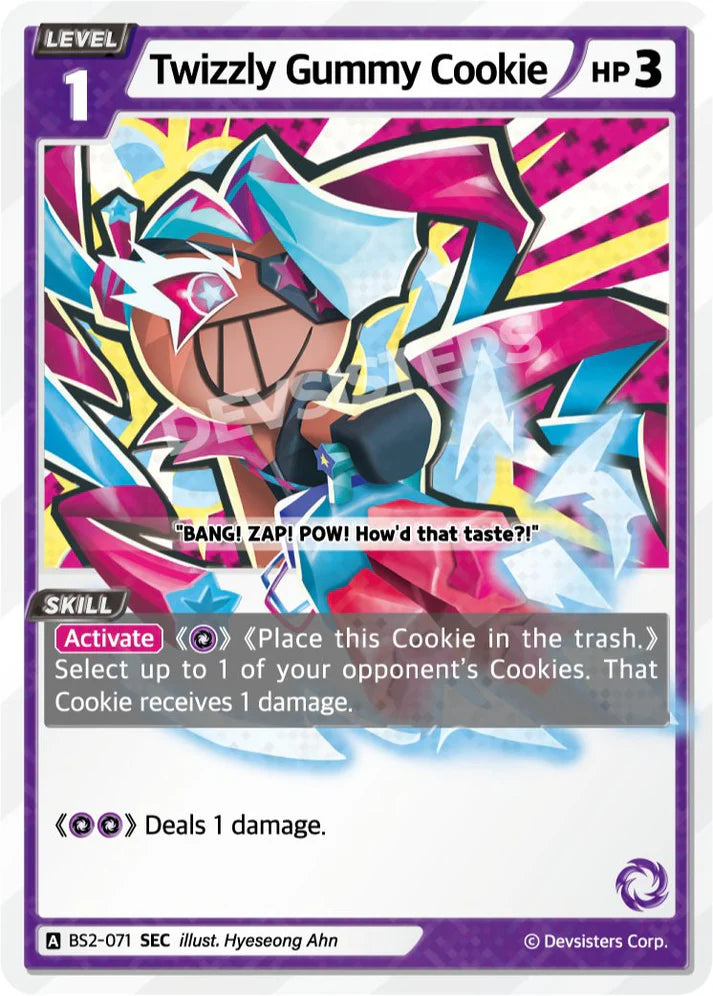 Twizzly Gummy Cookie BS2-071 SEC | Secret Card featuring colorful character design and game mechanics details.