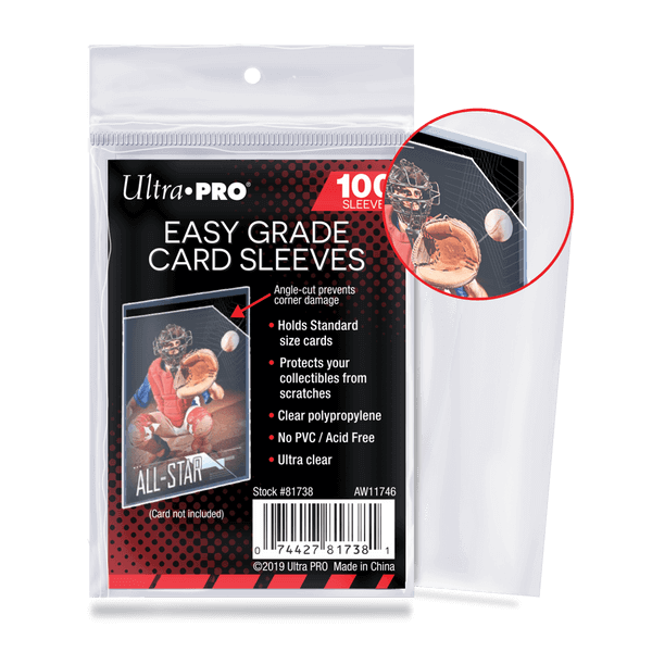 Ultra Pro Easy Grade Card Sleeves (100ct) packaging showcasing angle-cut design and clear polypropylene material.