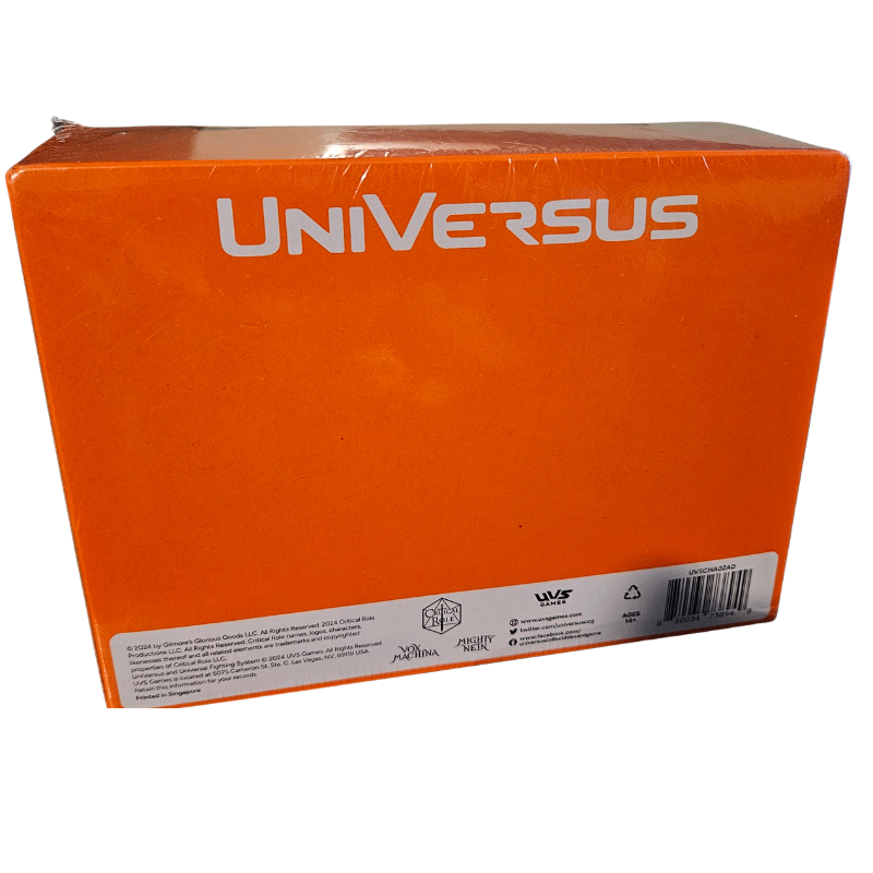 Universus Critial Role Vox Machina Might Nein Starter Display back of the box with logo and product details.