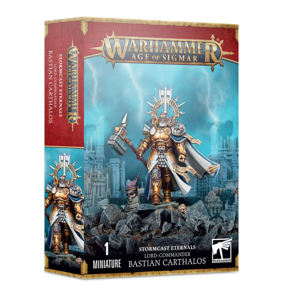 Warhammer Stormcast Eternals: Lord-Commander Bastian Carthalos miniature box with detailed artwork.
