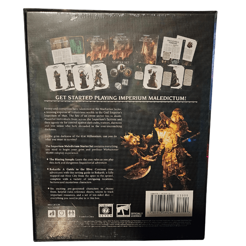 Warhammer - Imperium Maledictum - Starter Set back cover showing components and descriptions for the RPG.
