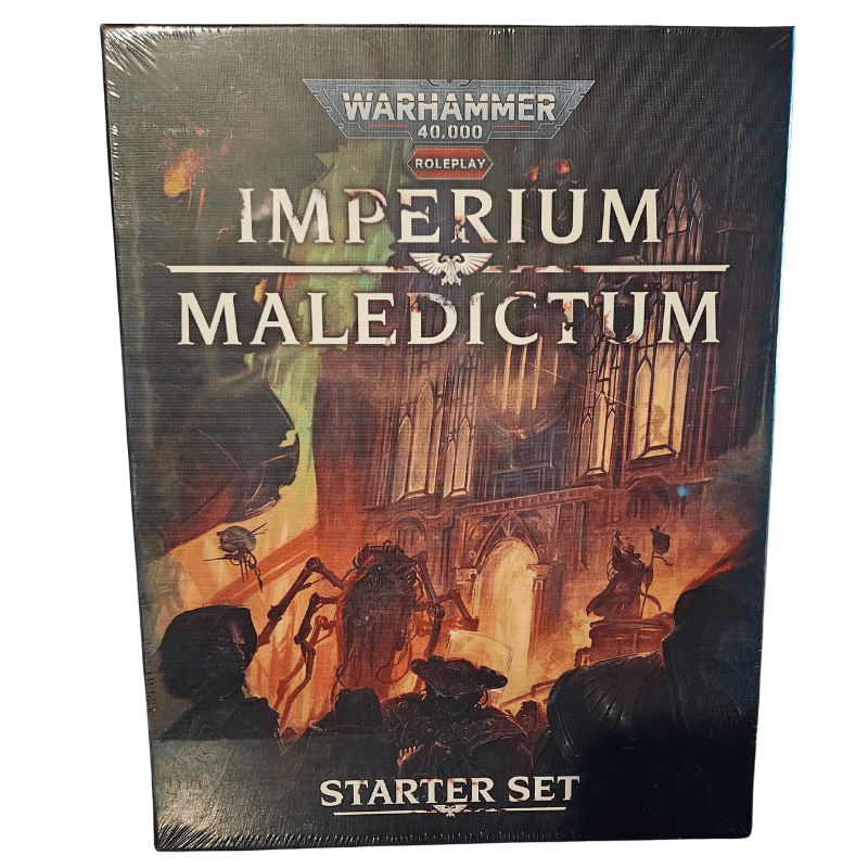 WARHAMMER - IMPERIUM MALEDICTUM - STARTER SET box art featuring dark world themes and characters from Warhammer 40K RPG.