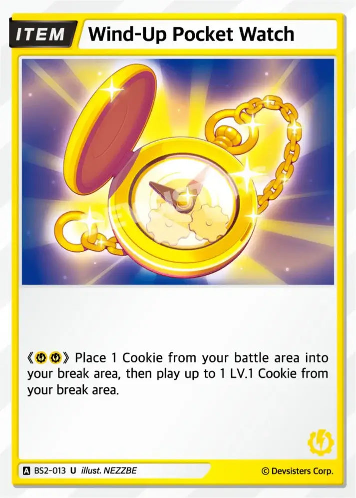 Wind-Up Pocket Watch BS2-013 U | Uncommon Card showcasing a golden watch with a chain and vibrant background.