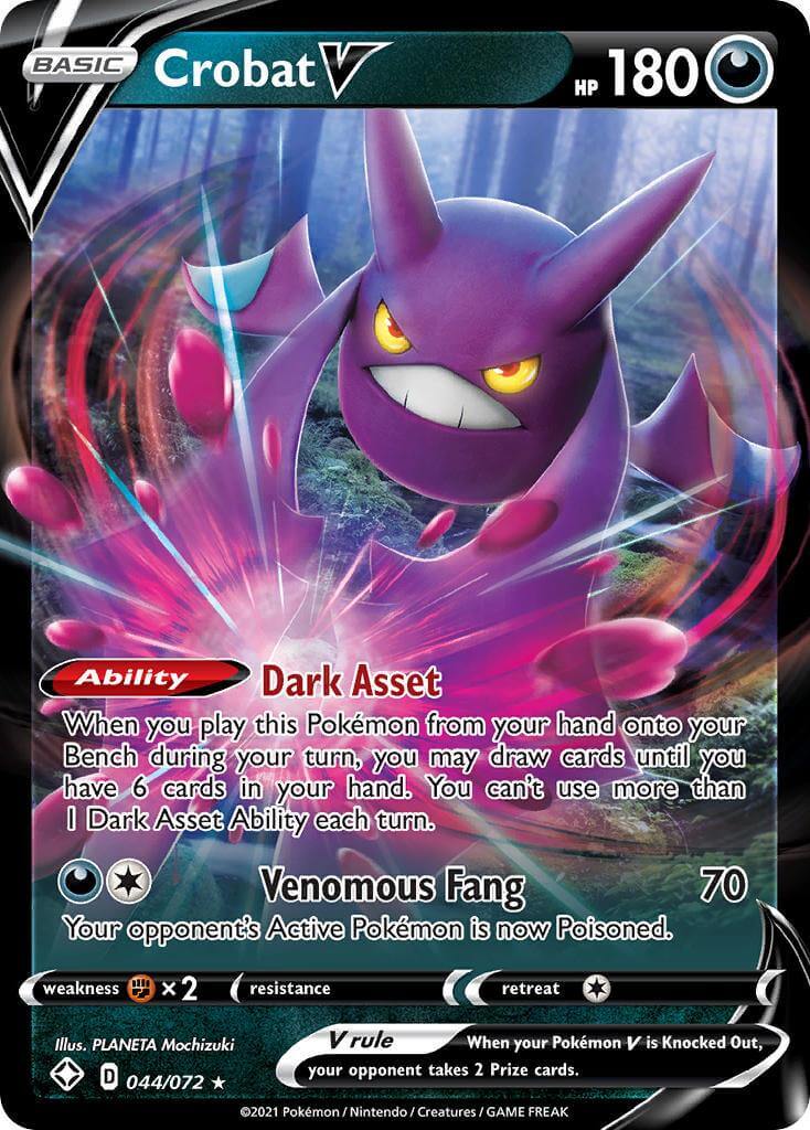 Crobat V (044/072) [Sword & Shield: Shining Fates] card featuring ability Dark Asset and Venomous Fang attack.