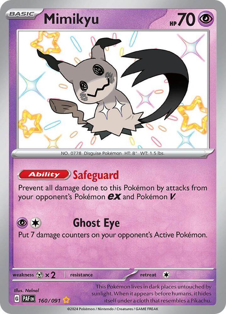 Mimikyu -160/091 [Scarlet & Violet: Paldean Fates] card showcasing its abilities and shiny rare status.