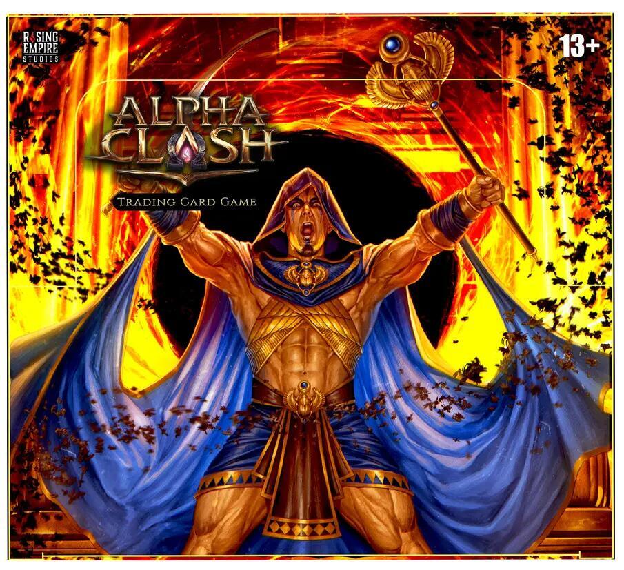 Alpha Clash Ancient Alphas Booster Box featuring a hero and vibrant mystical background in the Trading Card Game.