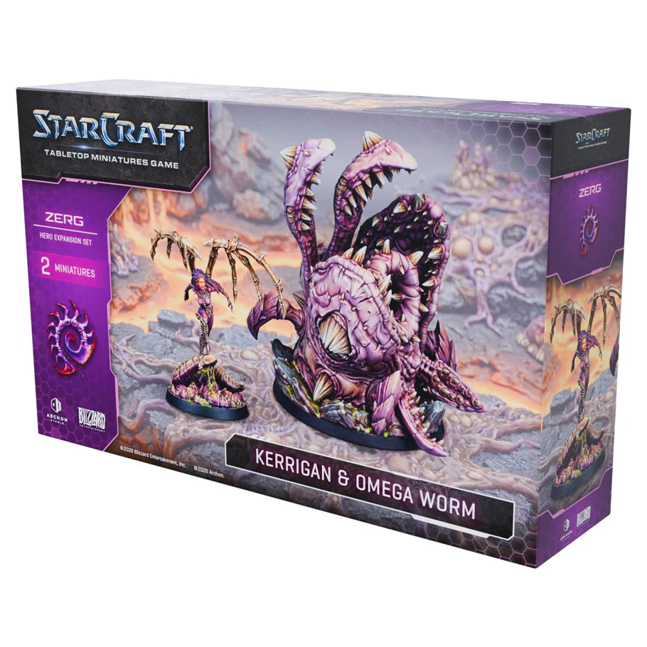 StarCraft Miniatures Game Zerg Kerrigan Hero Expansion Set featuring Kerrigan and Omega Worm miniatures.