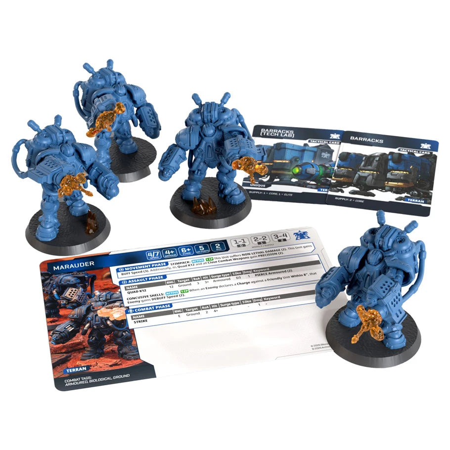 StarCraft Miniatures Game Terran Marauder Expansion Set featuring four Marauder miniatures and character cards.