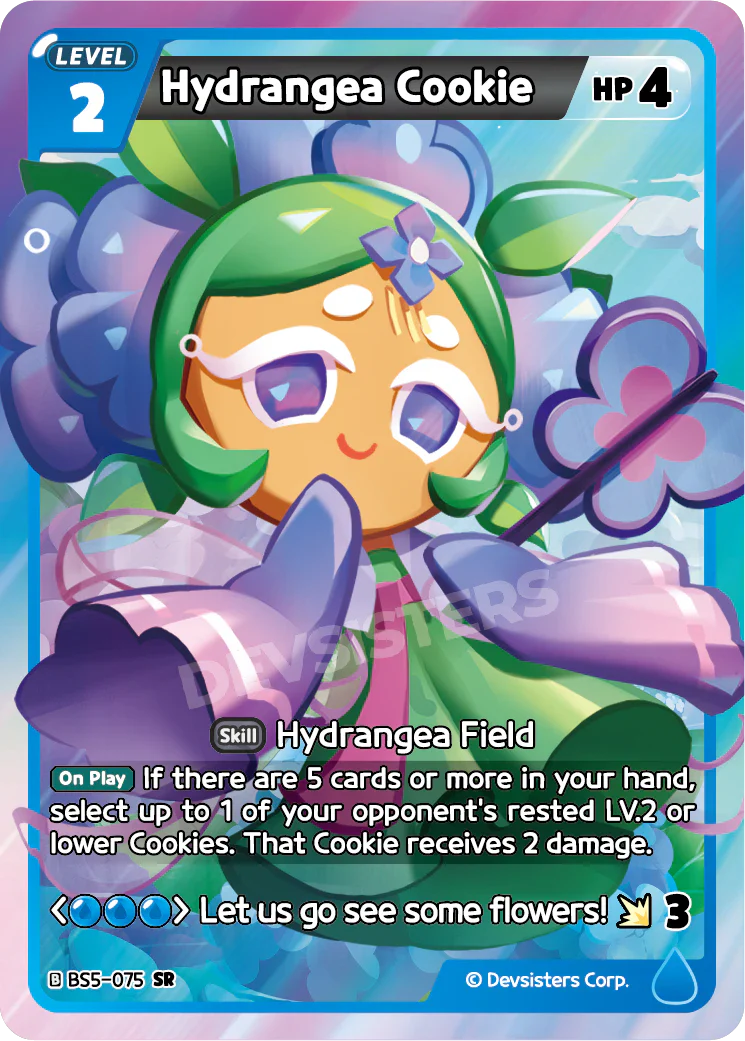 Hydrangea Cookie BS5-075 SR card featuring vibrant character art and game details including HP 4 and skill description.