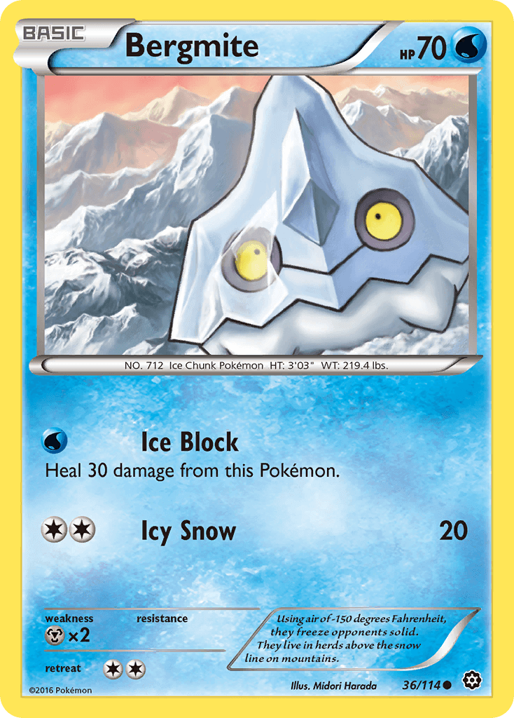 Bergmite (36/114) [XY: Steam Siege] trading card featuring Ice Block and Icy Snow abilities.