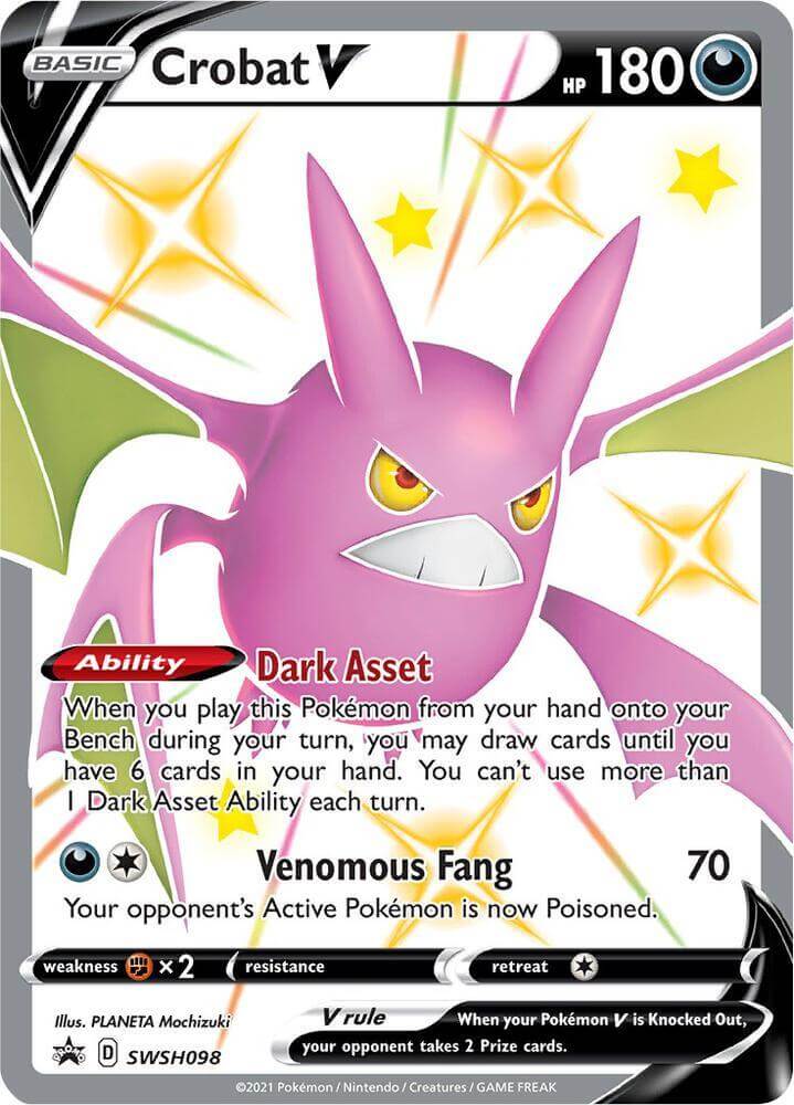 Crobat V (SWSH098) [Sword & Shield: Black Star Promos] card featuring Dark Asset ability and Venomous Fang attack.