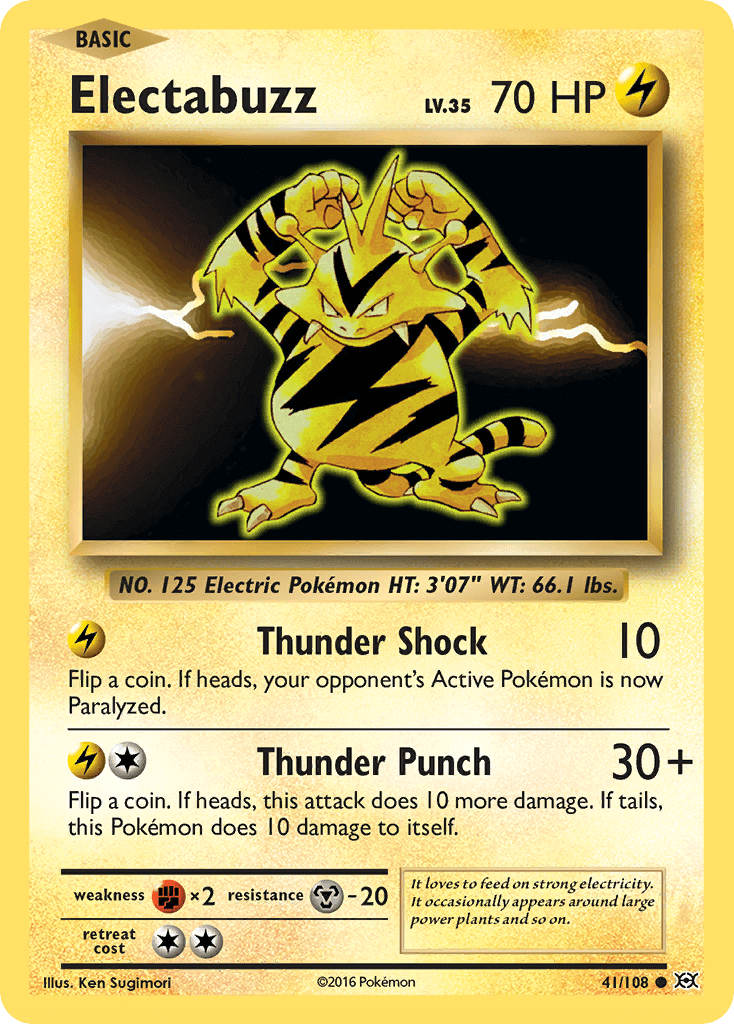 Electabuzz (41/108) [XY: Evolutions] card featuring Lightning type and abilities Thunder Shock and Thunder Punch.